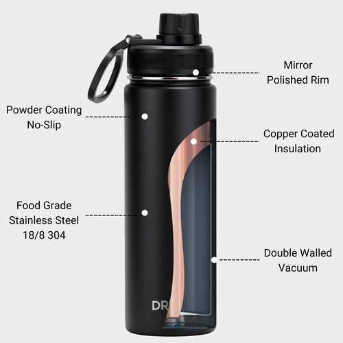 Stainless Steel Sport Water Bottle 22oz/650ml DRINCO® - Black