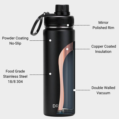 Stainless Steel Sport Water Bottle 22oz/650ml DRINCO® - Black